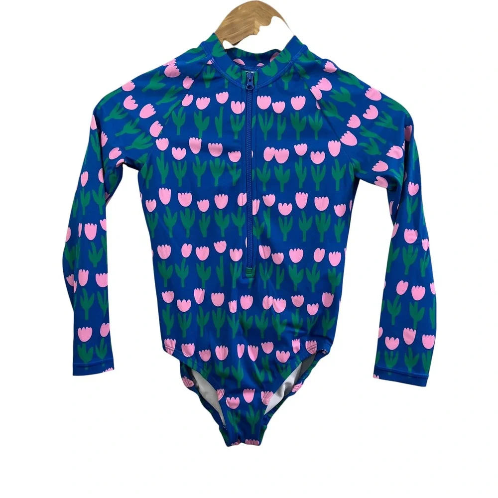 Hanna Andersson Girls Blue Pink Tulip Long Sleeve Rash Guard Swimsuit Size 8 130